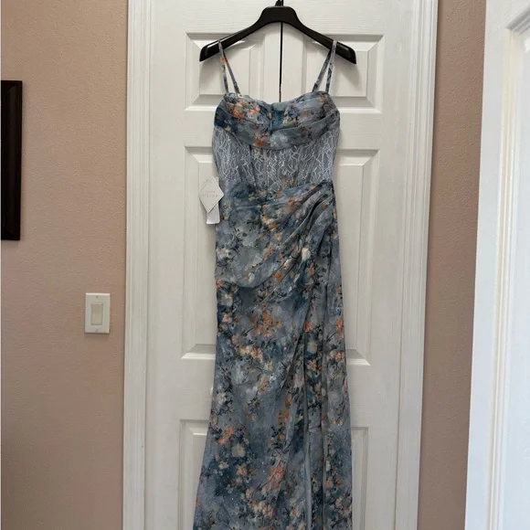 Azazie Blue and Orange Floral Maxi Dress - Picture 2 of 7